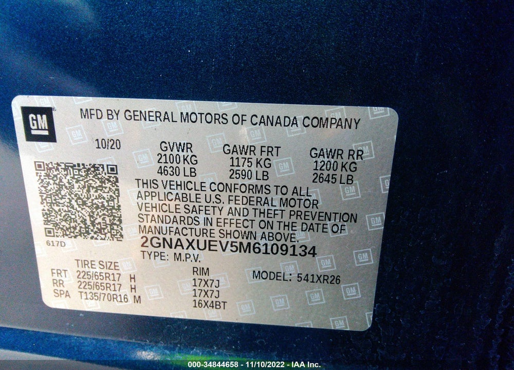 2021 CHEVROLET EQUINOX AWD LT VIN: 2GNAXUEV5M6109134