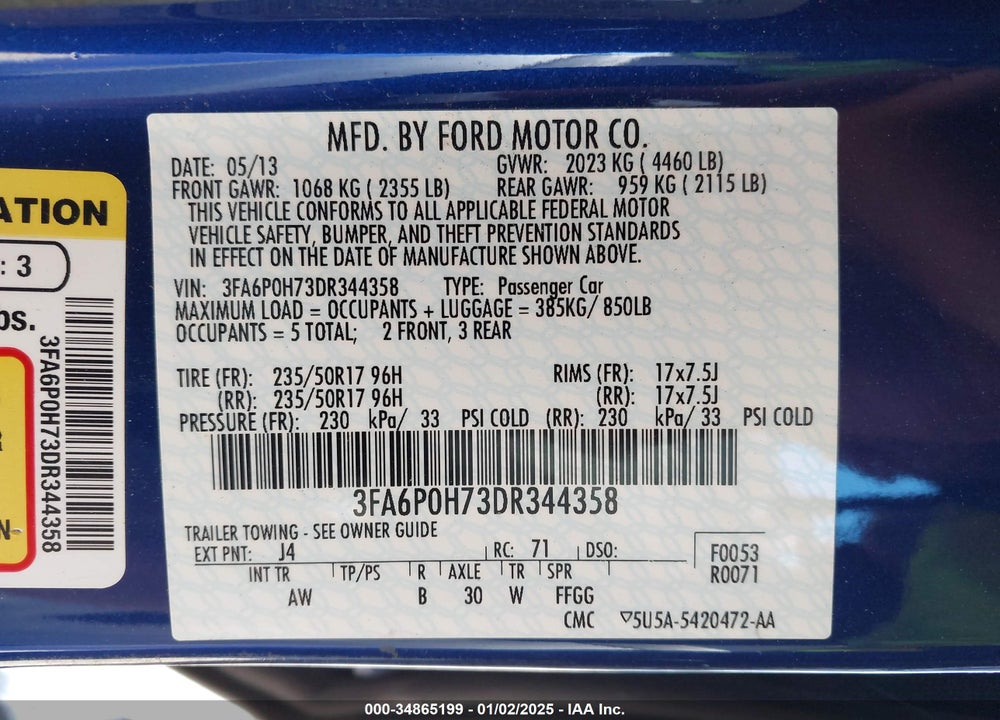 2013 FORD FUSION SE VIN: 3FA6P0H73DR344358