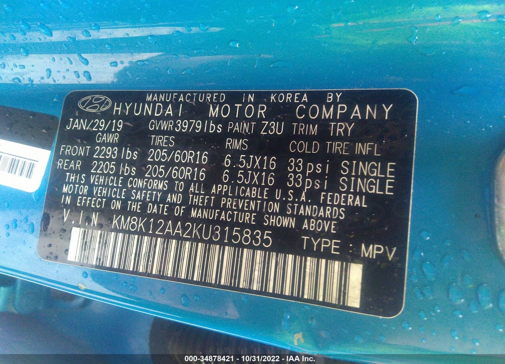 2019 HYUNDAI KONA SE VIN: KM8K12AA2KU315835