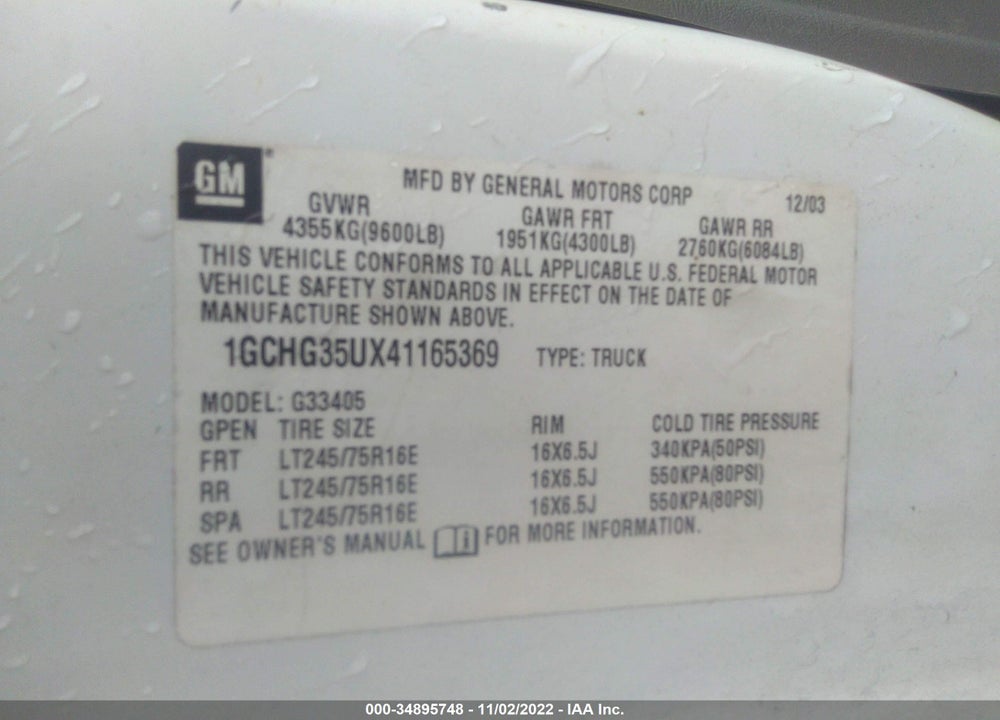 2004 CHEVROLET EXPRESS VIN: 1GCHG35UX41165369