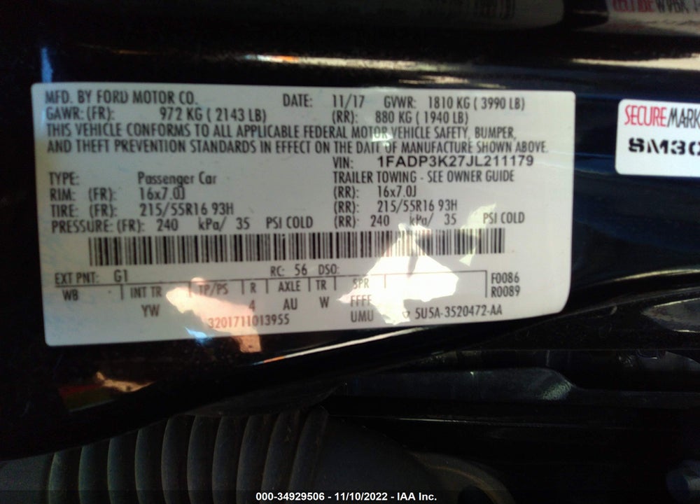 2018 FORD FOCUS VIN: 1FADP3K27JL211179