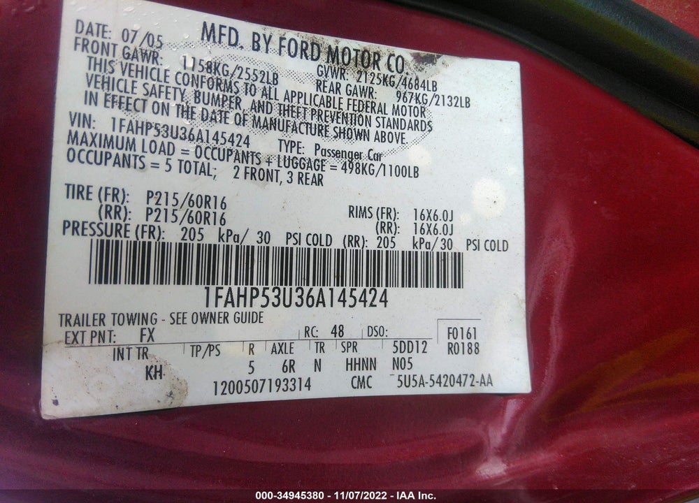 2006 FORD TAURUS SE VIN: 1FAHP53U36A145424
