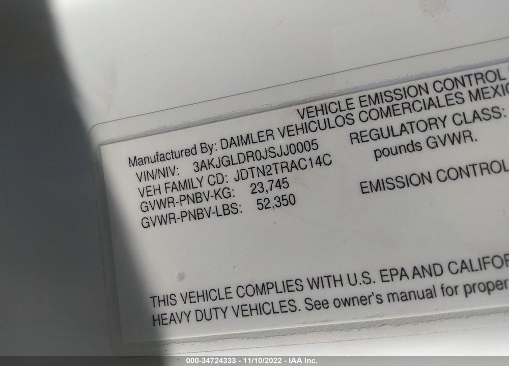 2018 FREIGHTLINER CASCADIA 125 VIN: 3AKJGLDR0JSJJ0005