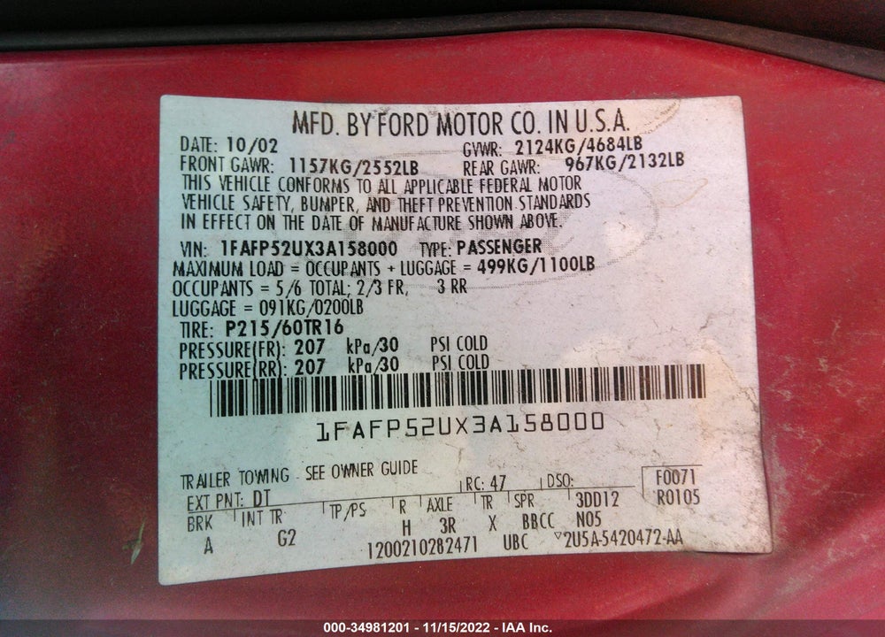 2003 FORD TAURUS VIN: 1FAFP52UX3A158000