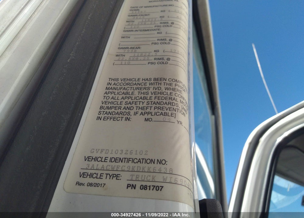 2019 FREIGHTLINER M2 106 MEDIUM DUTY VIN: 3ALACWFC9KDKK6438