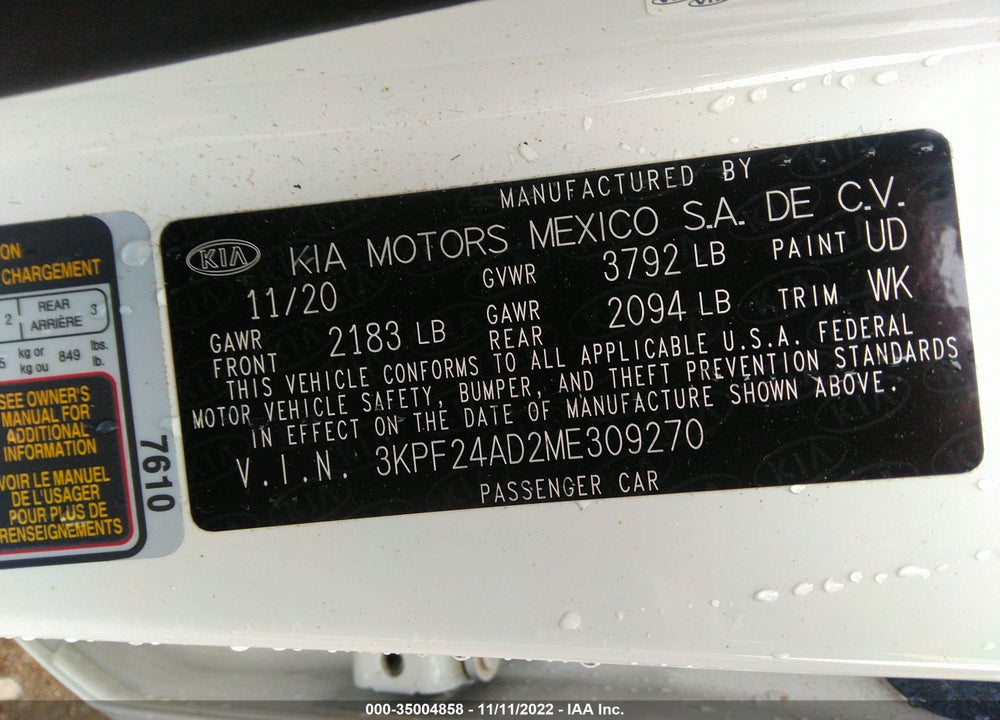 2021 KIA FORTE LXS VIN: 3KPF24AD2ME309270