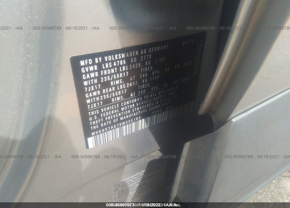 2011 VOLKSWAGEN TIGUAN VIN: WVGAV7AX7BW505183