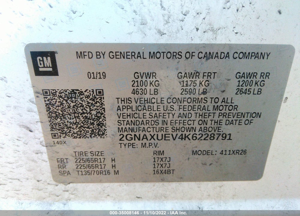 2019 CHEVROLET EQUINOX LT VIN: 2GNAXUEV4K6228791