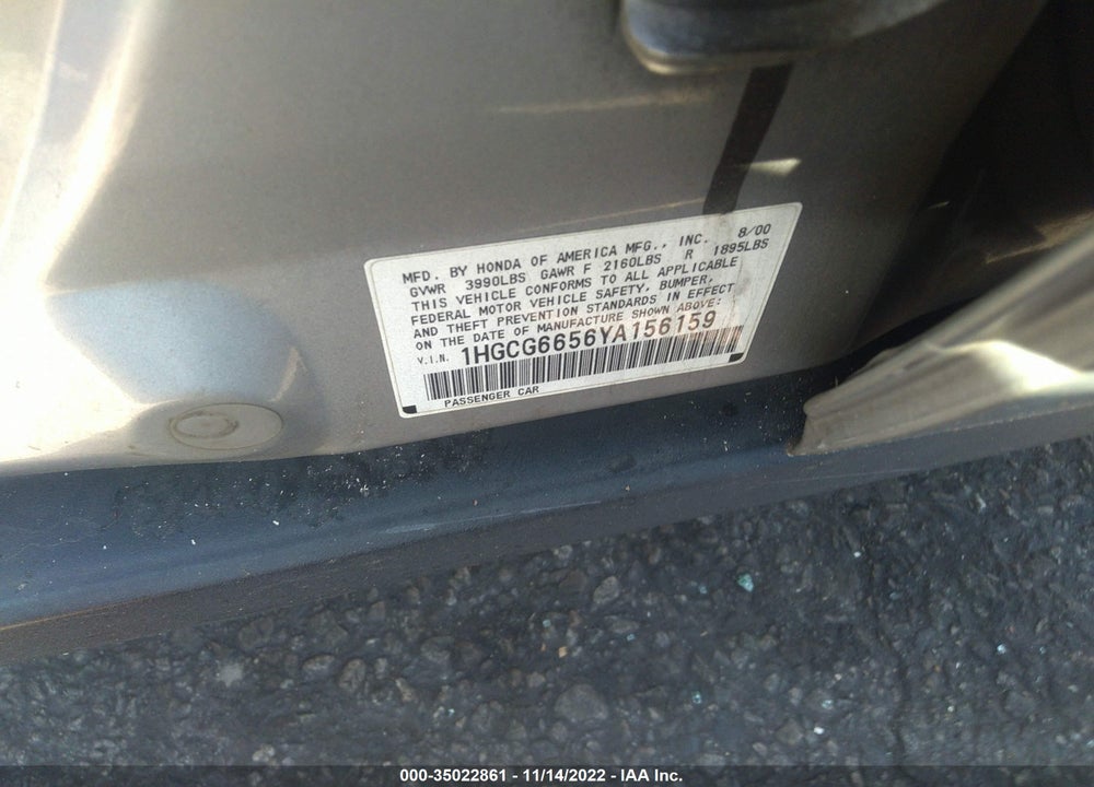 2000 HONDA ACCORD 2.3 LX VIN: 1HGCG6656YA156159