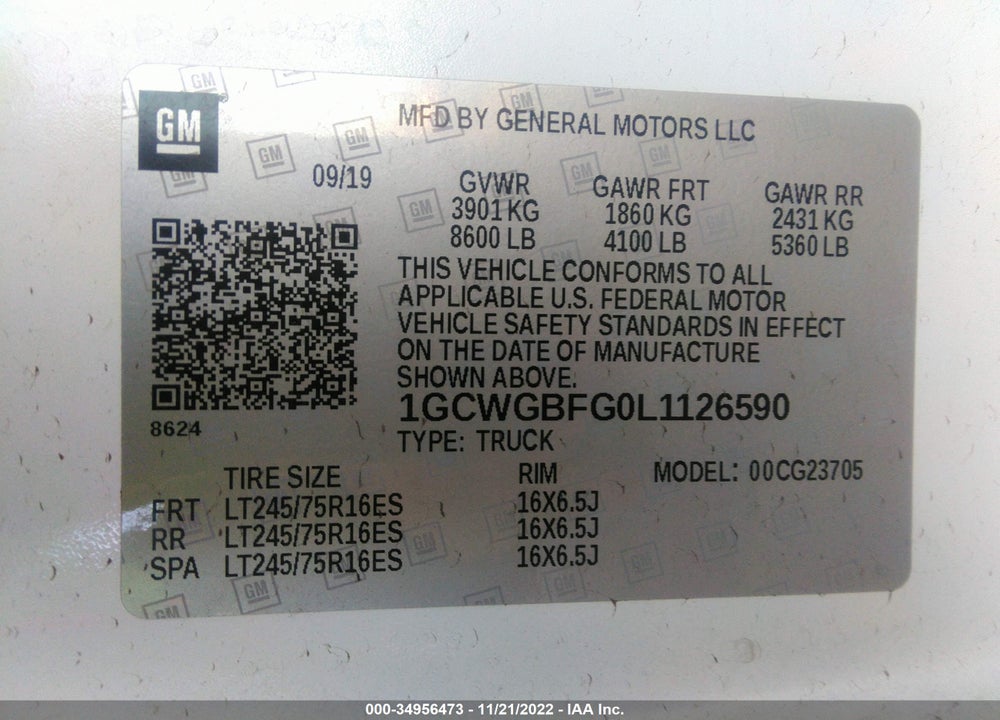 2020 CHEVROLET EXPRESS CARGO RWD 2500 EXTENDED WHEELBASE WT VIN: 1GCWGBFG0L1126590