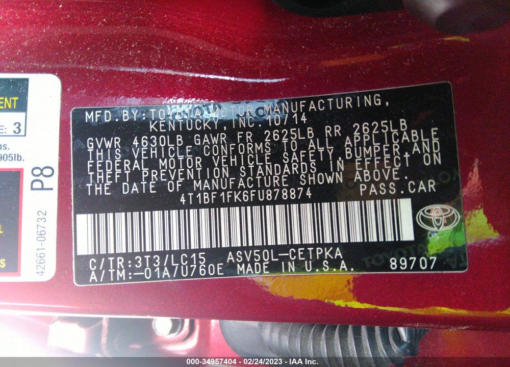 2015 TOYOTA CAMRY XSE VIN: 4T1BF1FK6FU878874