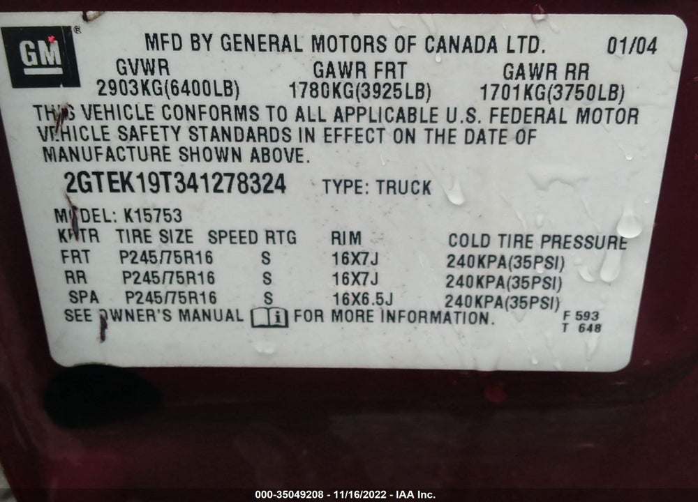 2004 GMC SIERRA 1500 SLE VIN: 2GTEK19T341278324