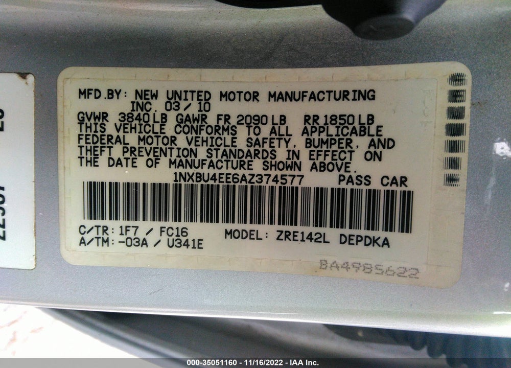 2010 TOYOTA COROLLA LE VIN: 1NXBU4EE6AZ374577