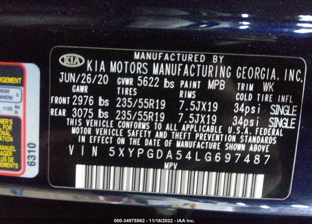 2020 KIA SORENTO 3.3L S VIN: 5XYPGDA54LG697487