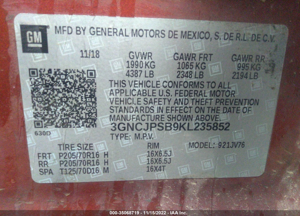 2019 CHEVROLET TRAX LT VIN: 3GNCJPSB9KL235852