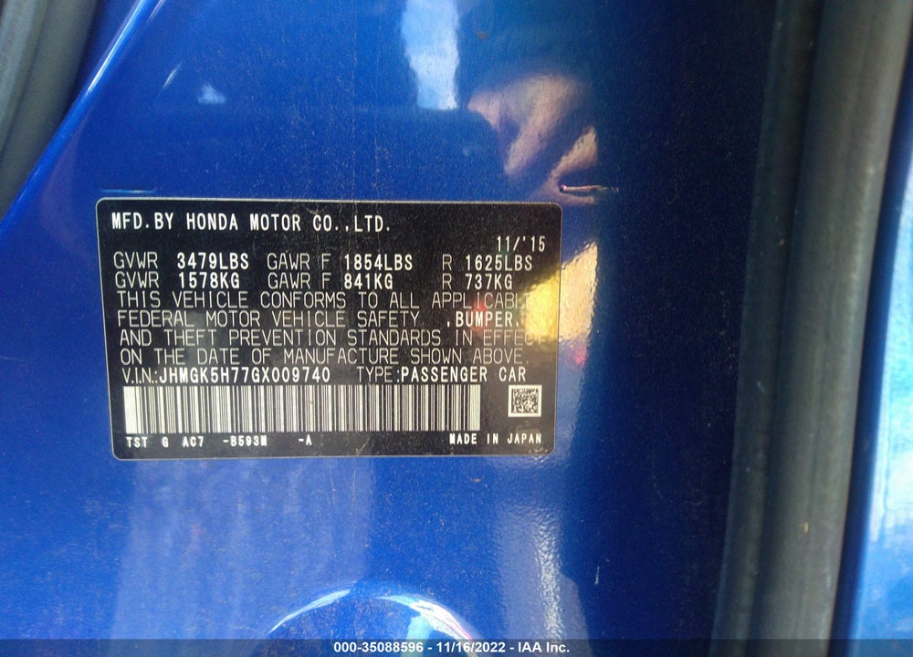 2016 HONDA FIT EX VIN: JHMGK5H77GX009740