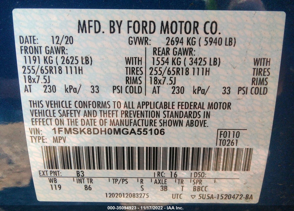 2021 FORD EXPLORER XLT VIN: 1FMSK8DH0MGA55106