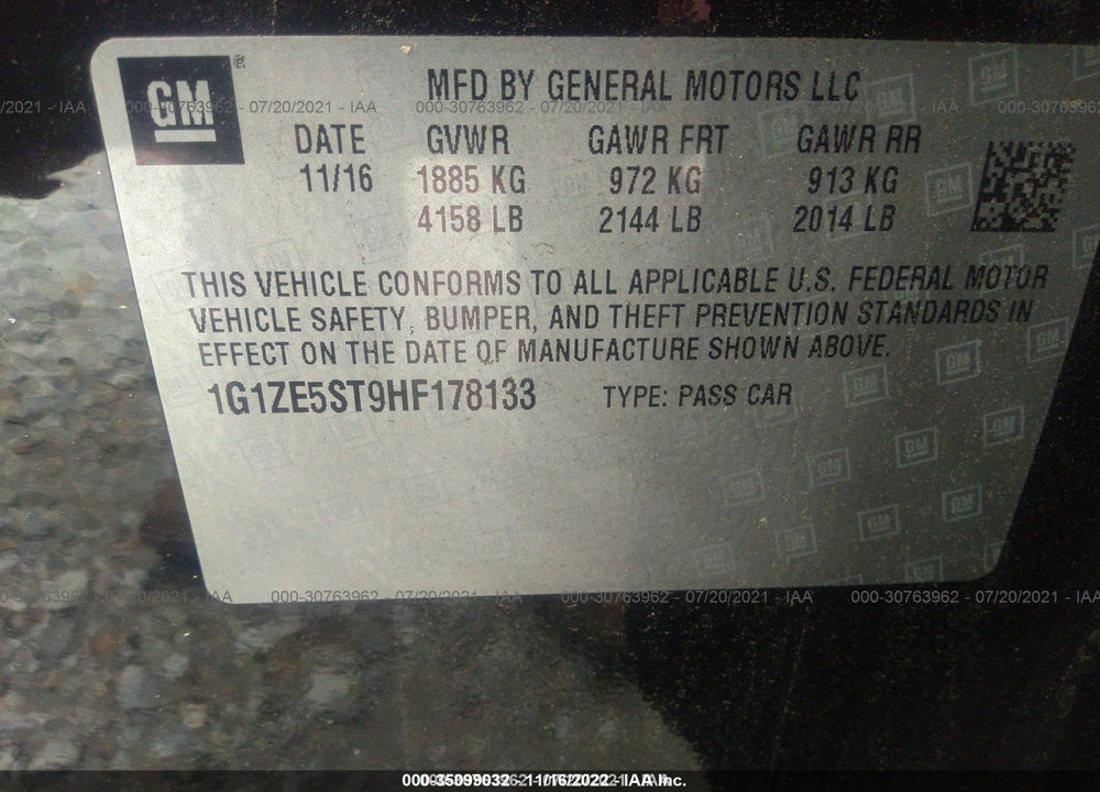 2017 CHEVROLET MALIBU 1LT VIN: 1G1ZE5ST9HF178133