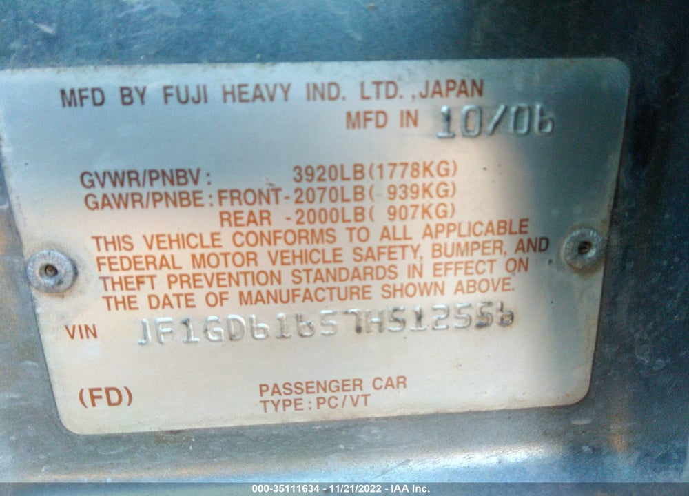 2007 SUBARU IMPREZA 2.5I VIN: JF1GD61657H512556
