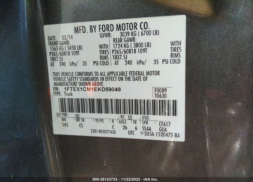 2014 FORD F-150 STX VIN: 1FTEX1CM1EKD59049
