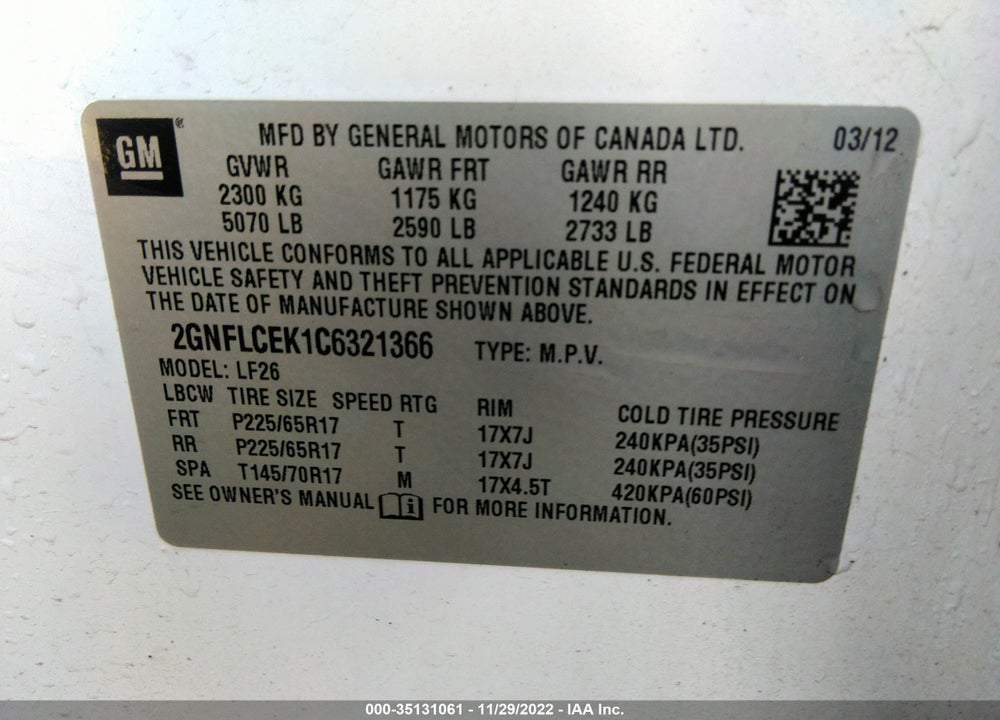 2012 CHEVROLET EQUINOX LS VIN: 2GNFLCEK1C6321366