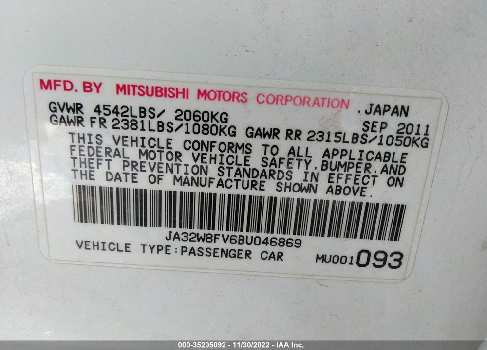 2011 MITSUBISHI LANCER EVOLUTION GSR VIN: JA32W8FV6BU046869