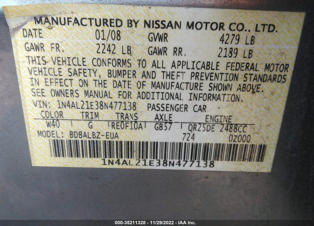 2008 NISSAN ALTIMA 2.5 S VIN: 1N4AL21E38N477138