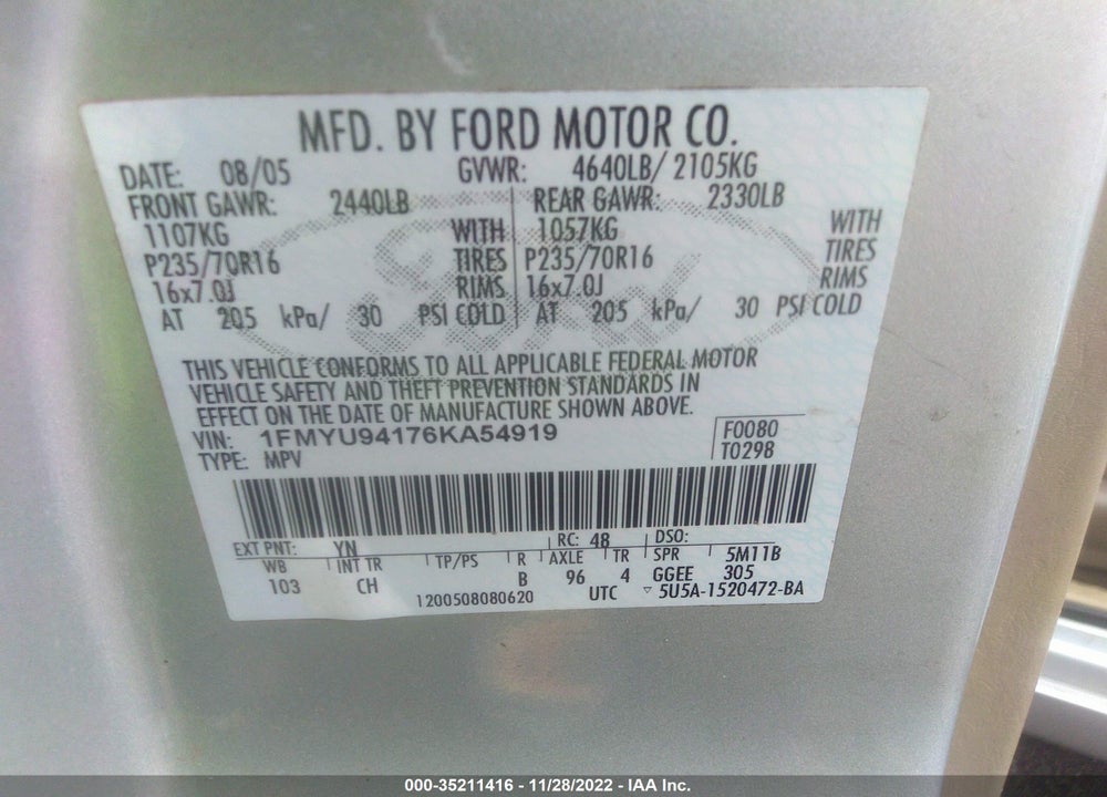 2006 FORD ESCAPE LIMITED VIN: 1FMYU94176KA54919
