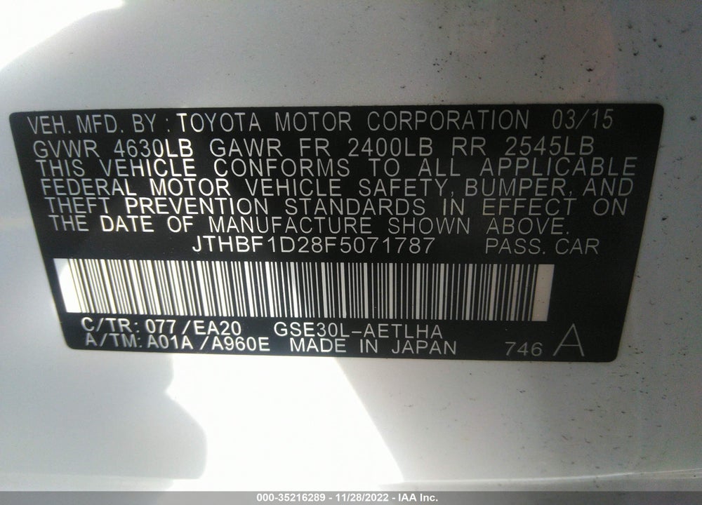 2015 LEXUS IS 250 VIN: JTHBF1D28F5071787