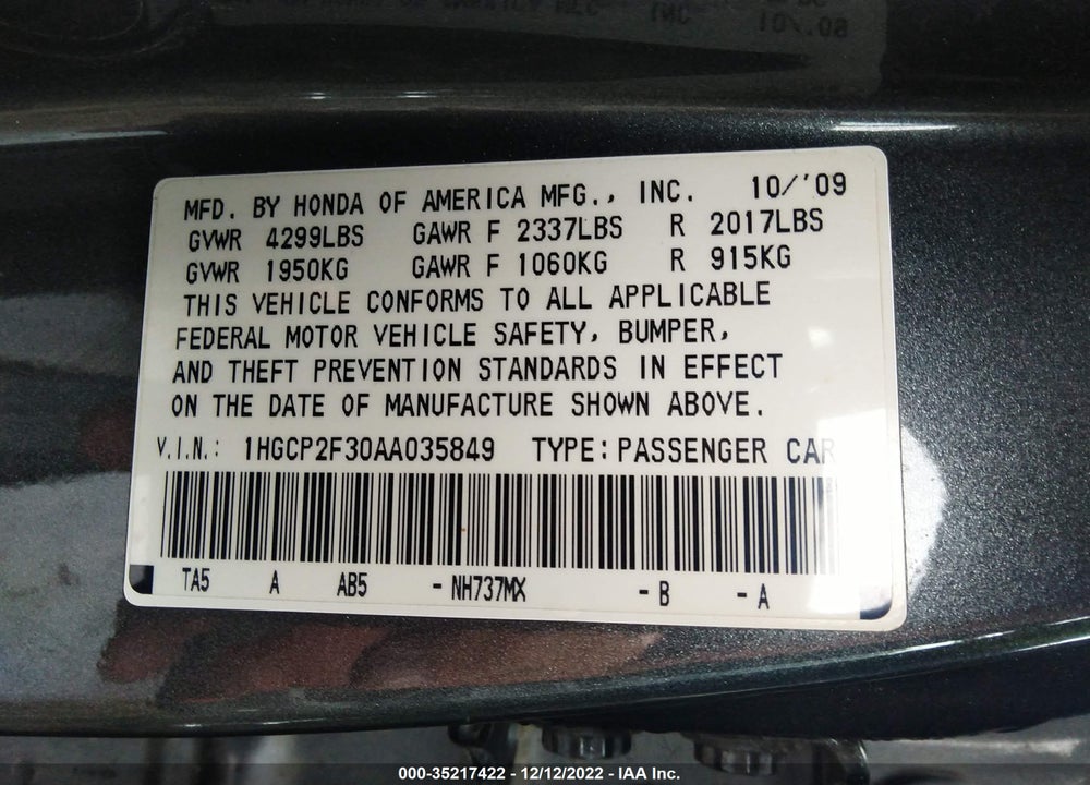 2010 HONDA ACCORD 2.4 LX VIN: 1HGCP2F30AA035849