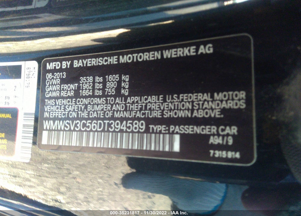 2013 MINI COOPER HARDTOP VIN: WMWSV3C56DT394589