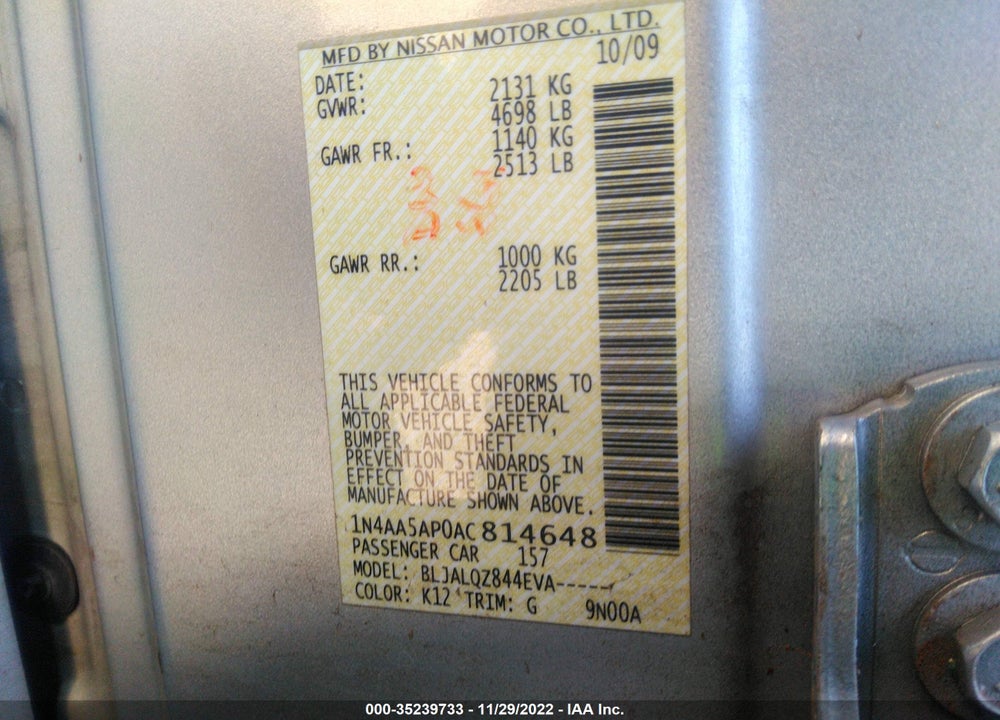 2010 NISSAN MAXIMA 3.5 S VIN: 1N4AA5AP0AC814648