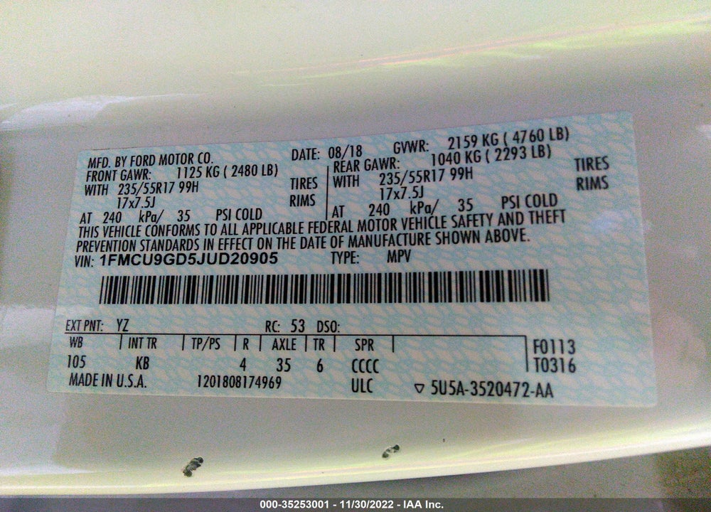2018 FORD ESCAPE SE VIN: 1FMCU9GD5JUD20905