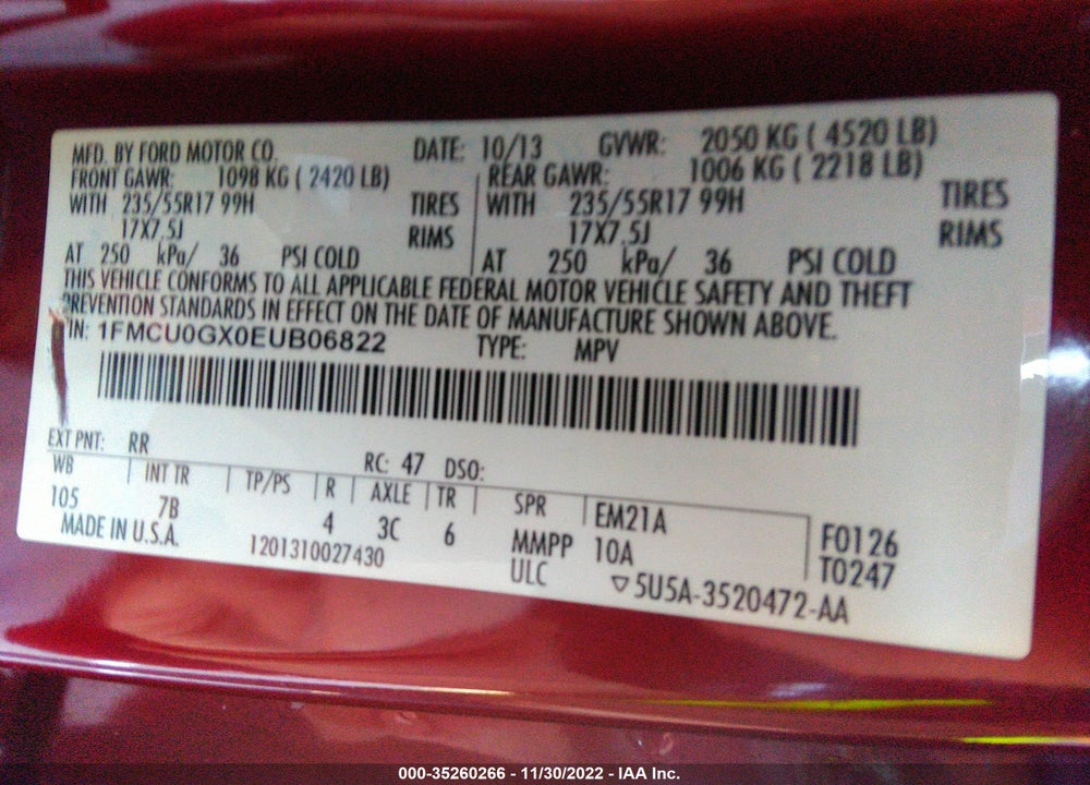 2014 FORD ESCAPE SE VIN: 1FMCU0GX0EUB06822