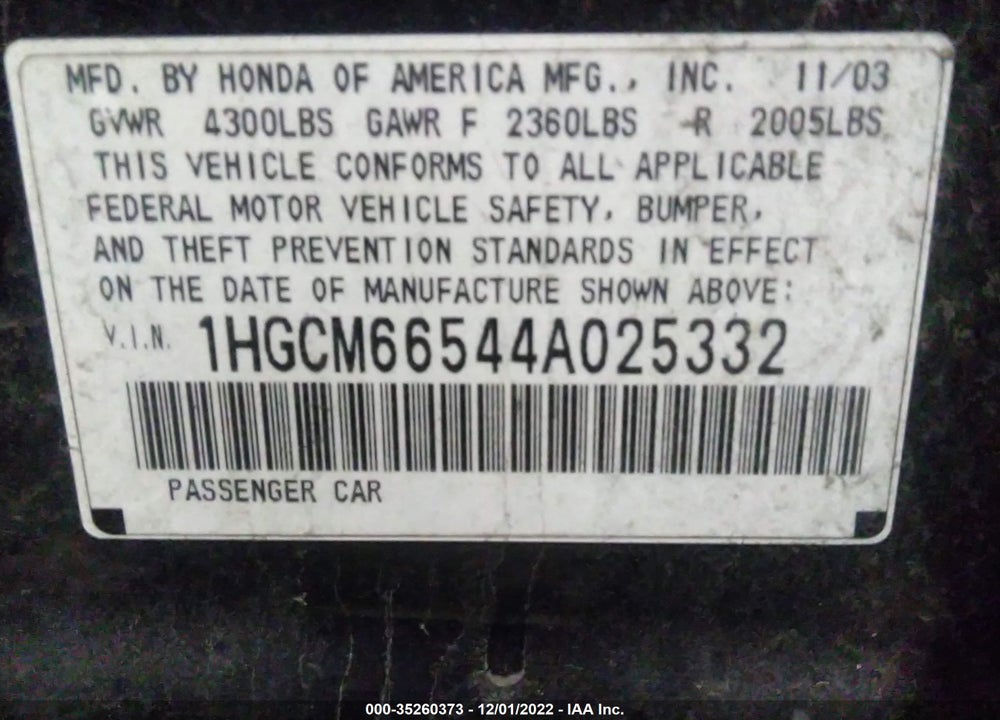 2004 HONDA ACCORD 3.0 EX VIN: 1HGCM66544A025332
