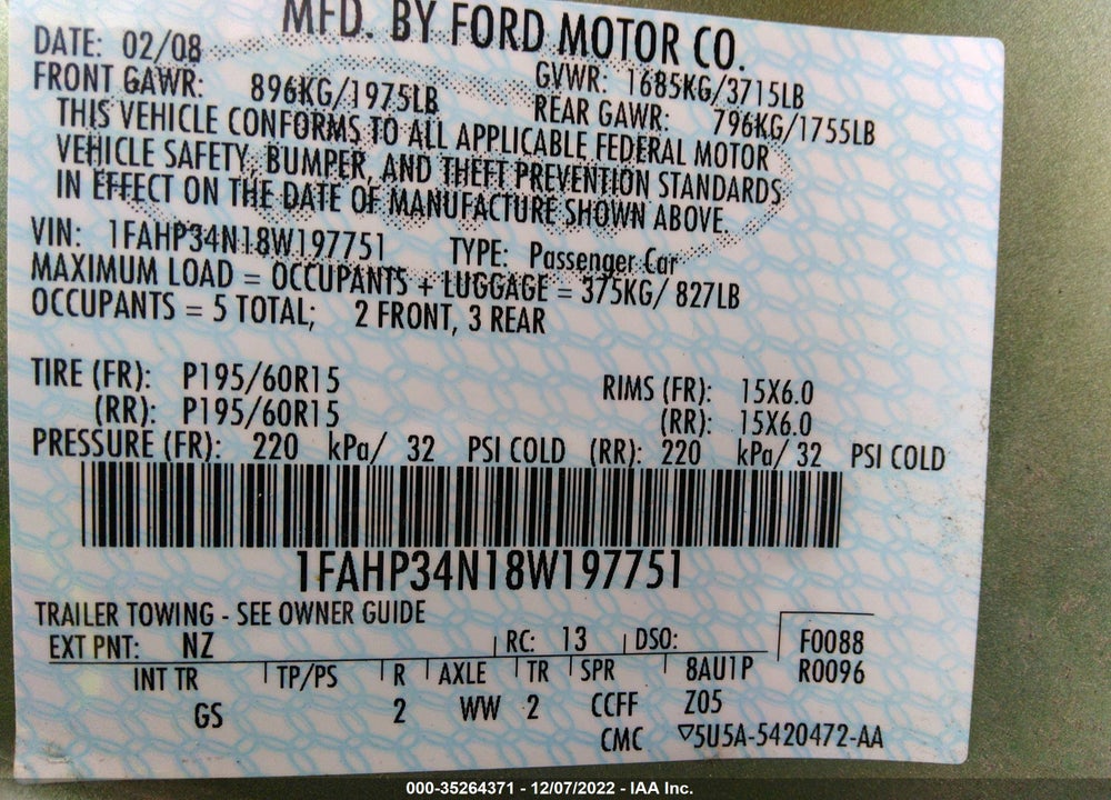 2008 FORD FOCUS S VIN: 1FAHP34N18W197751