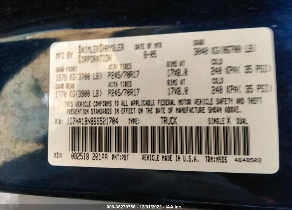 2006 DODGE RAM 1500 SLT VIN: 1D7HA18N86S521704