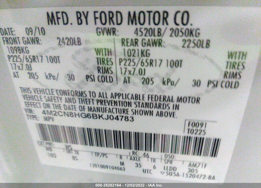 2011 MERCURY MARINER PREMIER VIN: 4M2CN8HG6BKJ04783