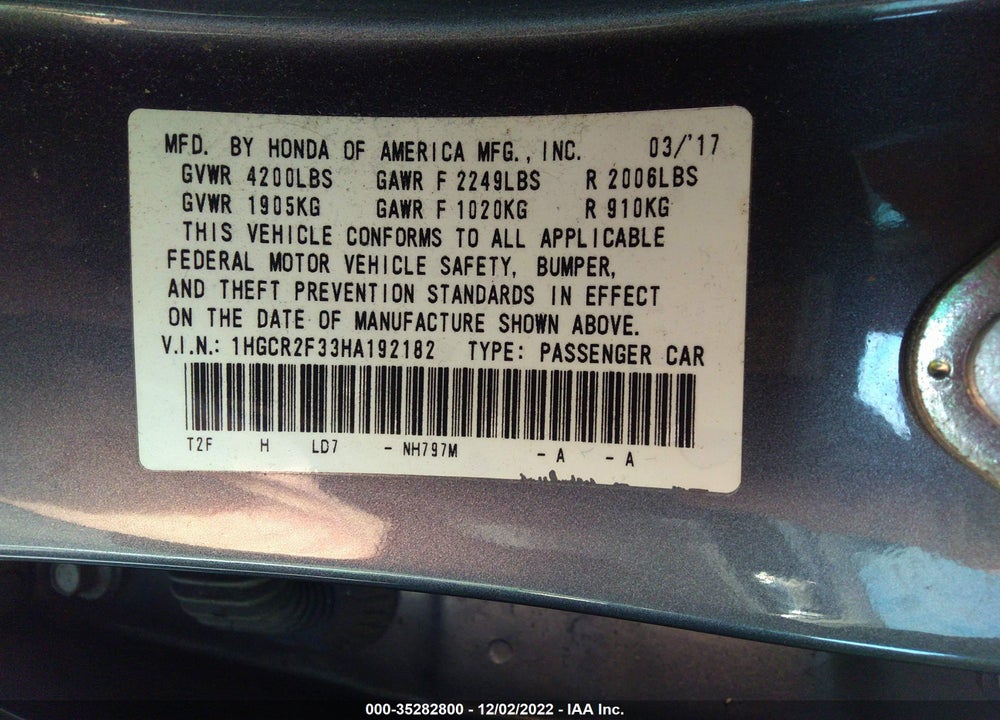 2017 HONDA ACCORD LX VIN: 1HGCR2F33HA192182
