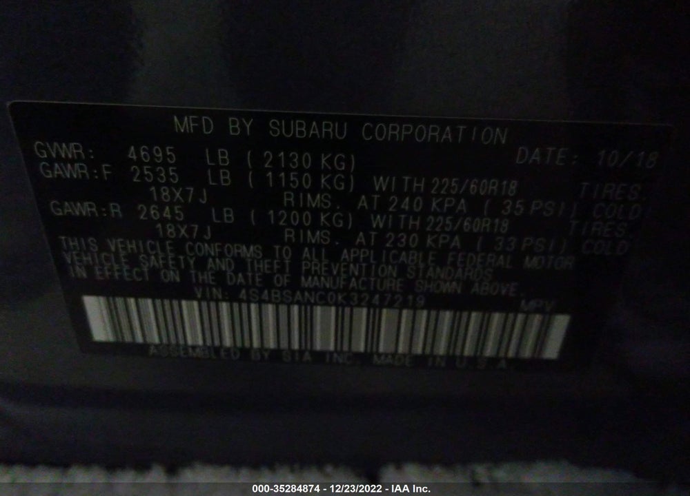 2019 SUBARU OUTBACK 2.5I LIMITED VIN: 4S4BSANC0K3247219