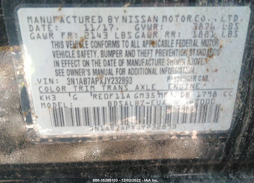 2018 NISSAN SENTRA S VIN: 3N1AB7APXJY232893
