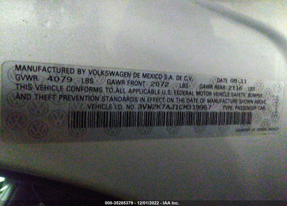 2012 VOLKSWAGEN JETTA VIN: 3VW2K7AJ1CM319957