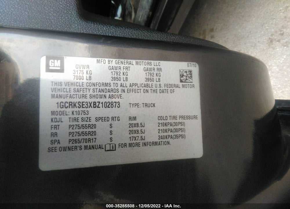2011 CHEVROLET SILVERADO 1500 VIN: 1GCRKSE3XBZ102873