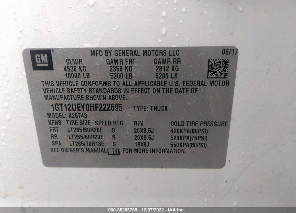 2017 GMC SIERRA 2500HD DENALI VIN: 1GT12UEY0HF222695