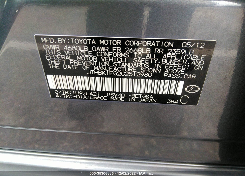 2012 LEXUS ES 350 VIN: JTHBK1EG2C2512980