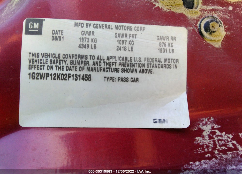 2002 PONTIAC GRAND PRIX GT VIN: 1G2WP12K02F131458