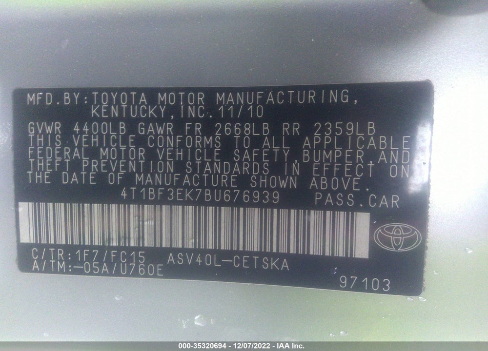 2011 TOYOTA CAMRY SE VIN: 4T1BF3EK7BU676939