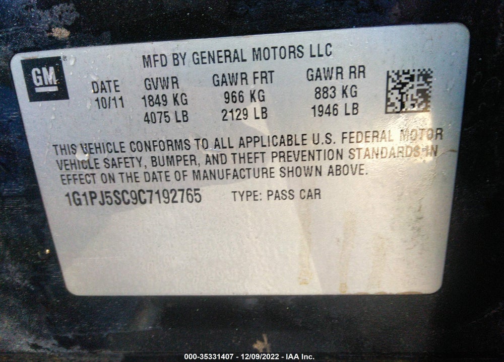 2012 CHEVROLET CRUZE ECO VIN: 1G1PJ5SC9C7192765
