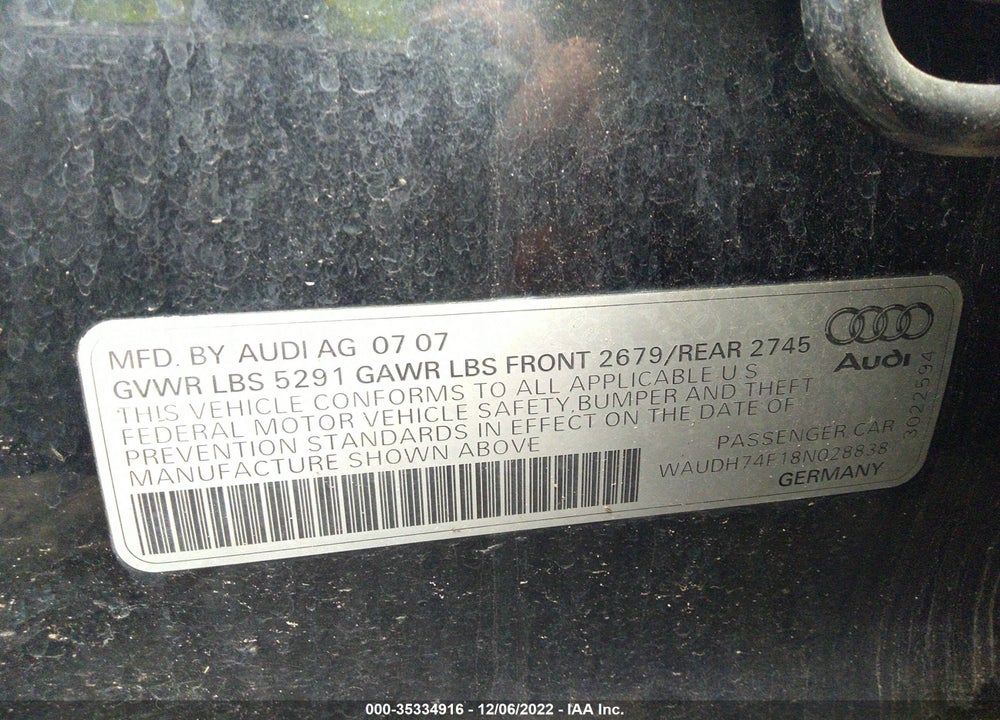 2008 AUDI A6 3.2 VIN: WAUDH74F18N028838