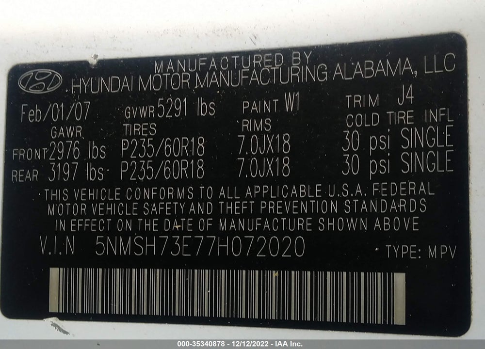 2007 HYUNDAI SANTA FE VIN: 5NMSH73E77H072020